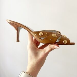 Jessica Simpson Camel Gold Studded Mules Kitten Heels, size 8.5
